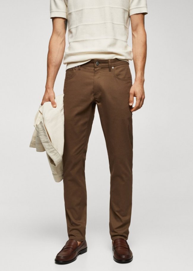 Mango Pantalón slim fit algodón sarga - Marrón tabaco