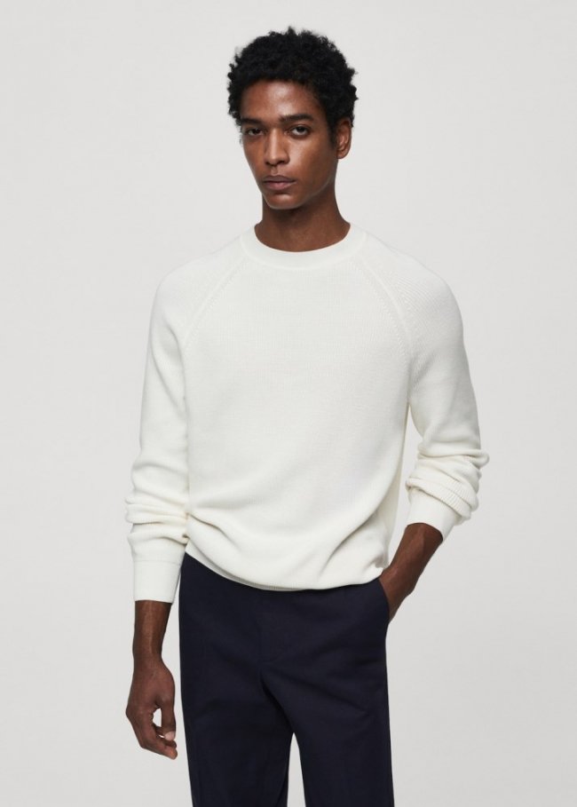 Mango Jersey canalé cuello redondo - Blanco roto