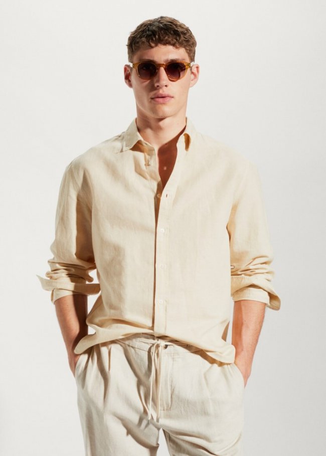 Mango Camisa regular fit lino algodón - Arena