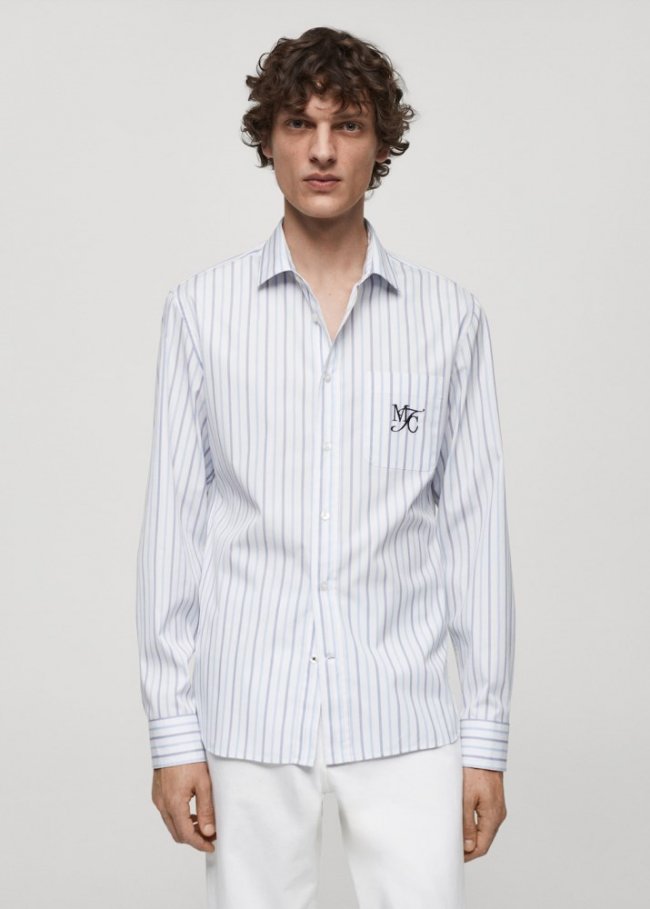 Mango Camisa classic fit algodón rayas bordado - Azul celeste