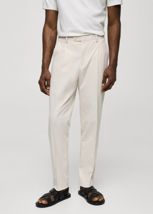 Mango Pantalón de traje slim fit algodón seersucker rayas - Beige