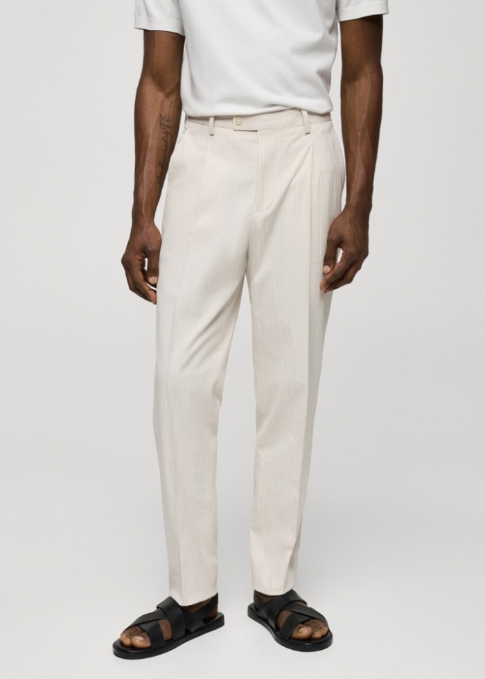 Mango Pantalón de traje slim fit algodón seersucker rayas - Beige