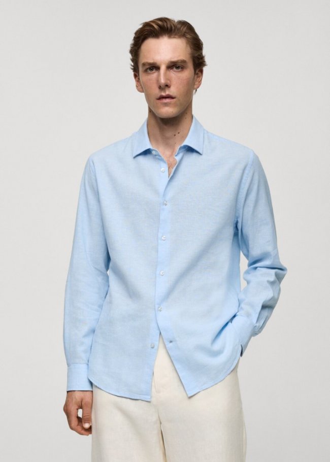 Mango Camisa regular fit lino algodón rayas - Azul celeste
