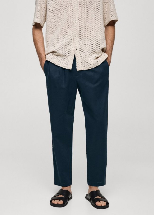 Mango Pantalón slim fit lino cordón - Azul marino oscuro