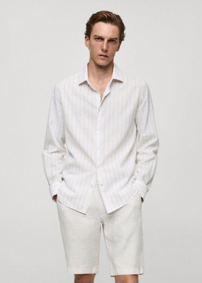 Mango Camisa regular fit lino algodón rayas - Marrón medio