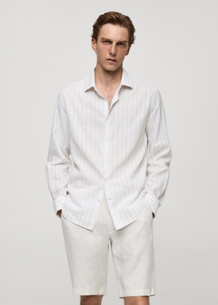 Mango Camisa regular fit lino algodón rayas - Marrón medio