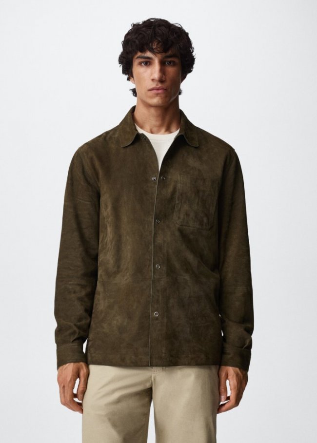 Mango Sobrecamisa piel bolsillo - Khaki