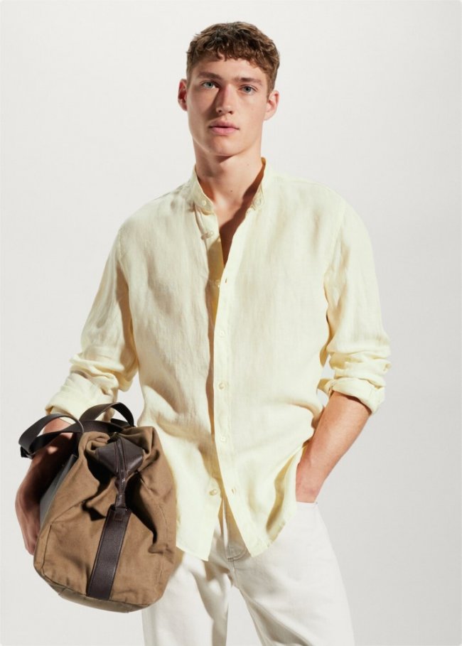 Mango Camisa 100% lino cuello mao - Amarillo