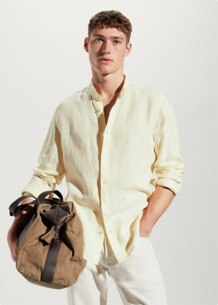 Mango Camisa 100% lino cuello mao - Amarillo