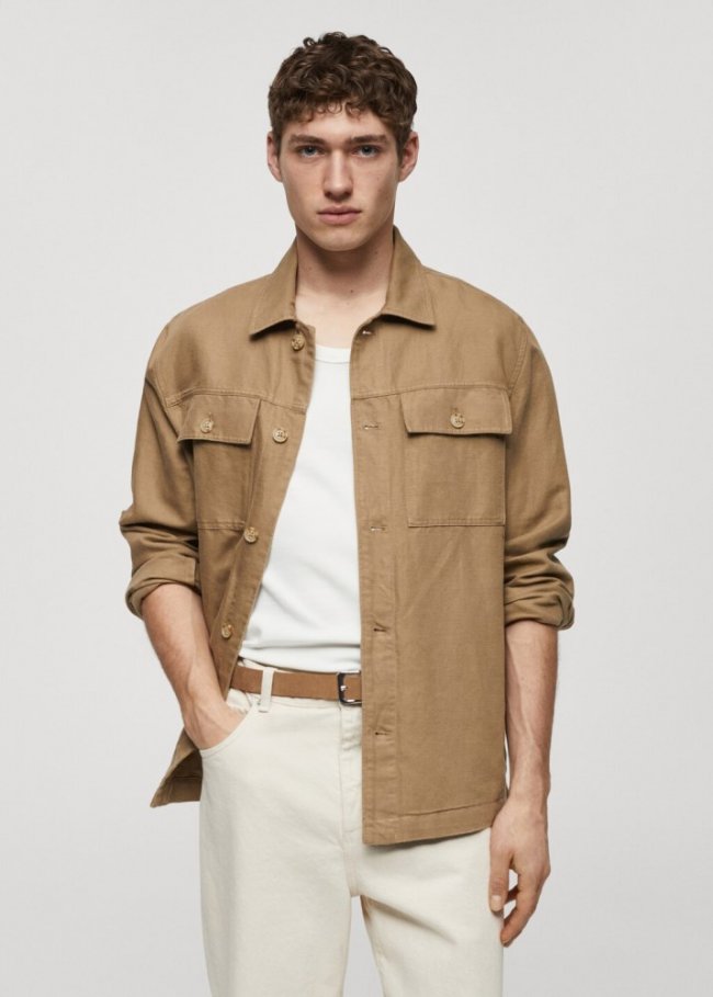 Mango Sobrecamisa algodón lino bolsillos - Marrón tabaco