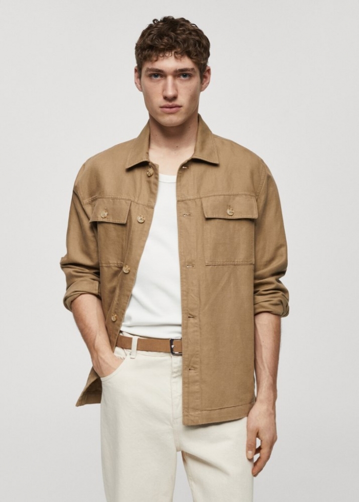 Mango Sobrecamisa algodón lino bolsillos - Marrón tabaco