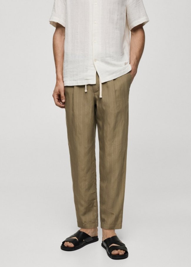 Mango Pantalón mezcla lino rayas cordón - Khaki