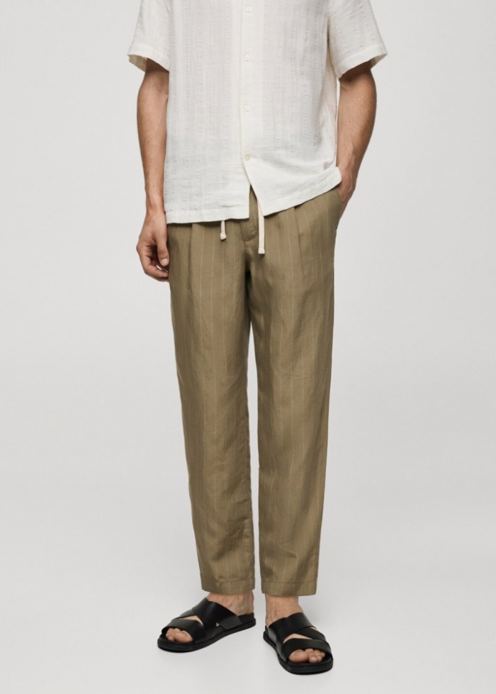 Mango Pantalón mezcla lino rayas cordón - Khaki