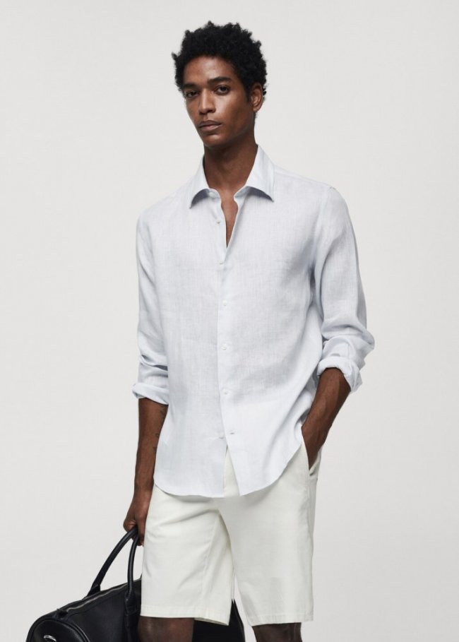 Mango Camisa regular fit 100% lino - Azul celeste