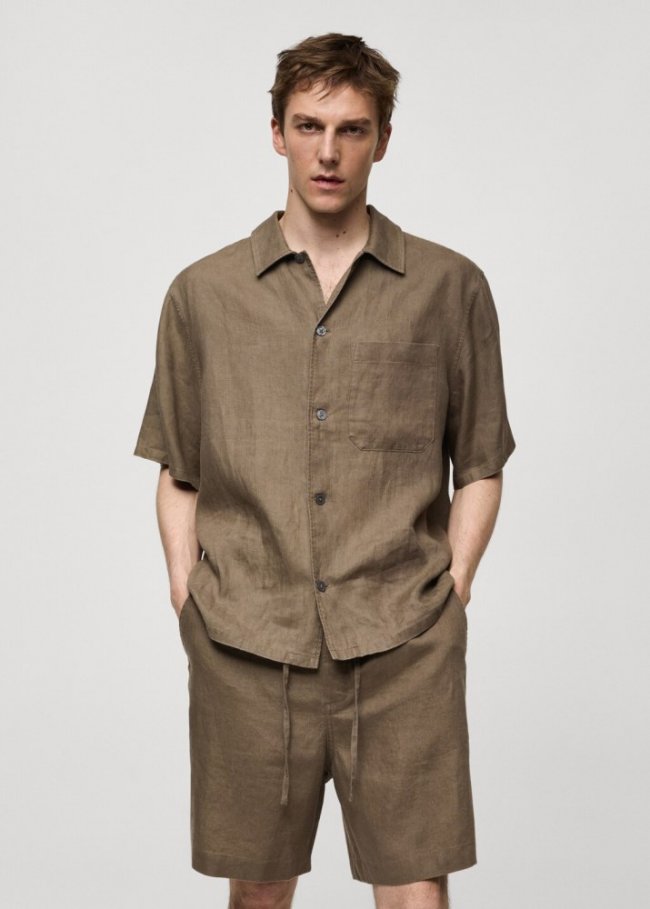 Mango Camisa regular fit 100% lino bolsillo - Khaki