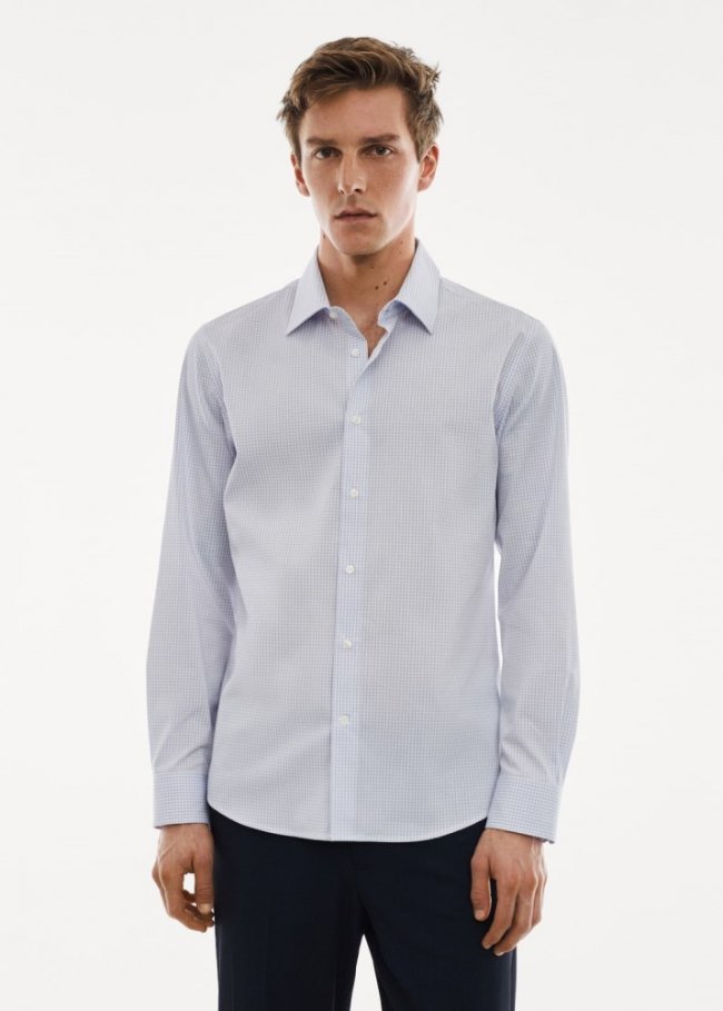 Mango Camisa micro cuadro tejido stretch - Azul celeste