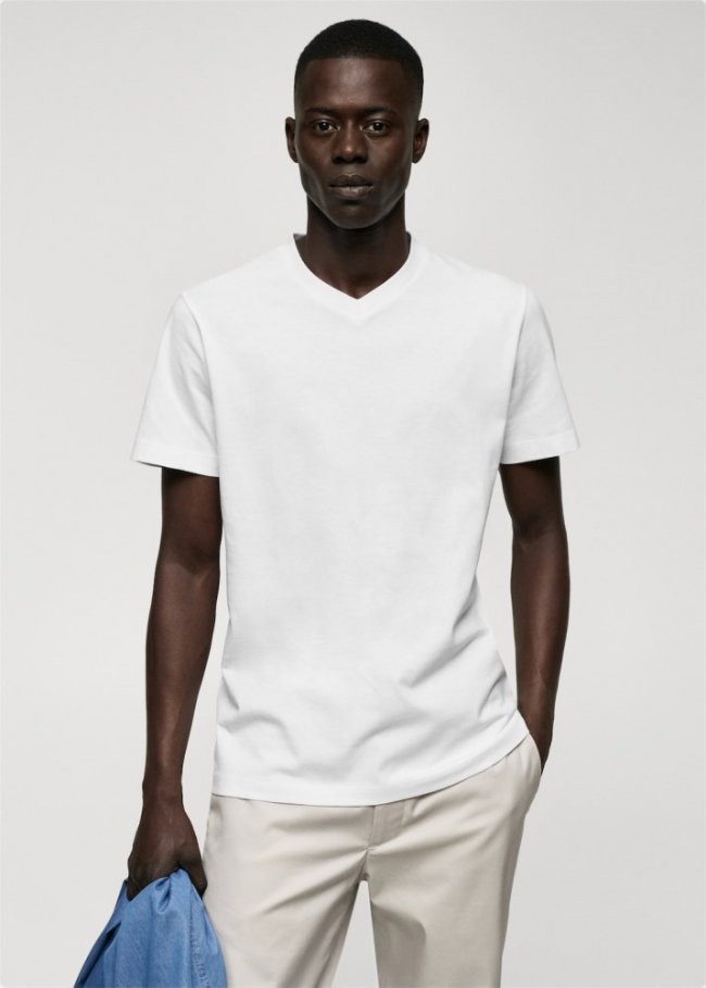 Mango Camiseta básica algodón cuello pico - Blanco
