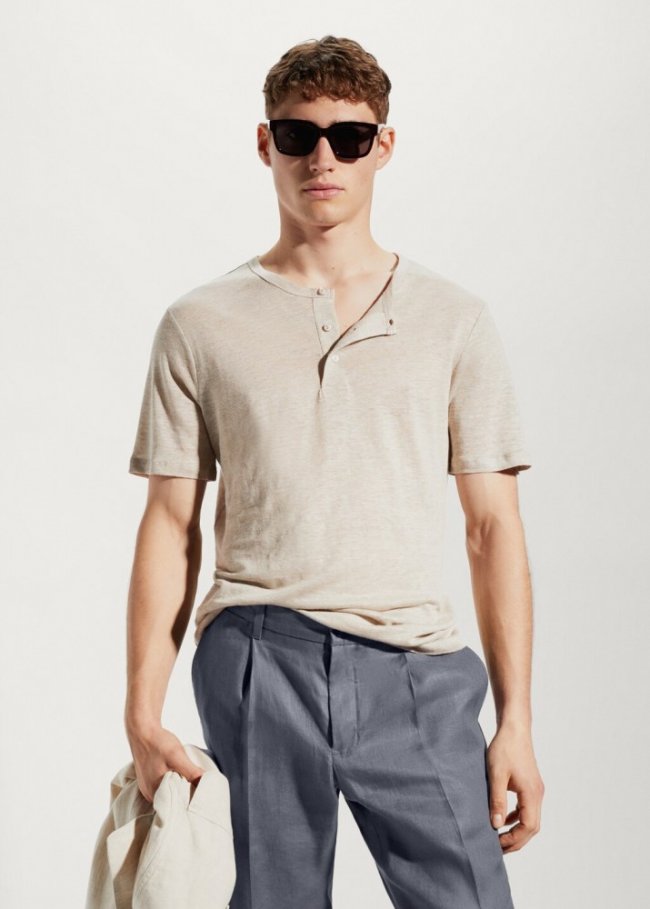 Mango Camiseta 100% lino cuello panadero - Beige