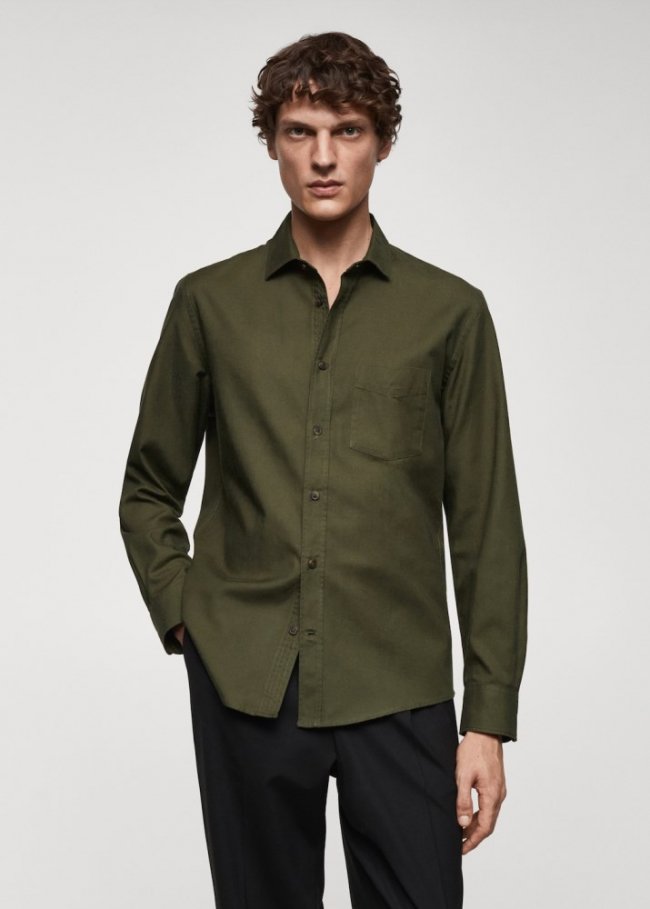 Mango Camisa sarga algodón perchado - Khaki