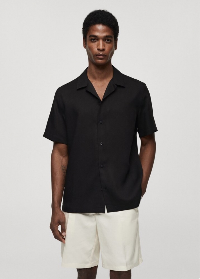 Mango Camisa regular fit cuello bowling - Negro