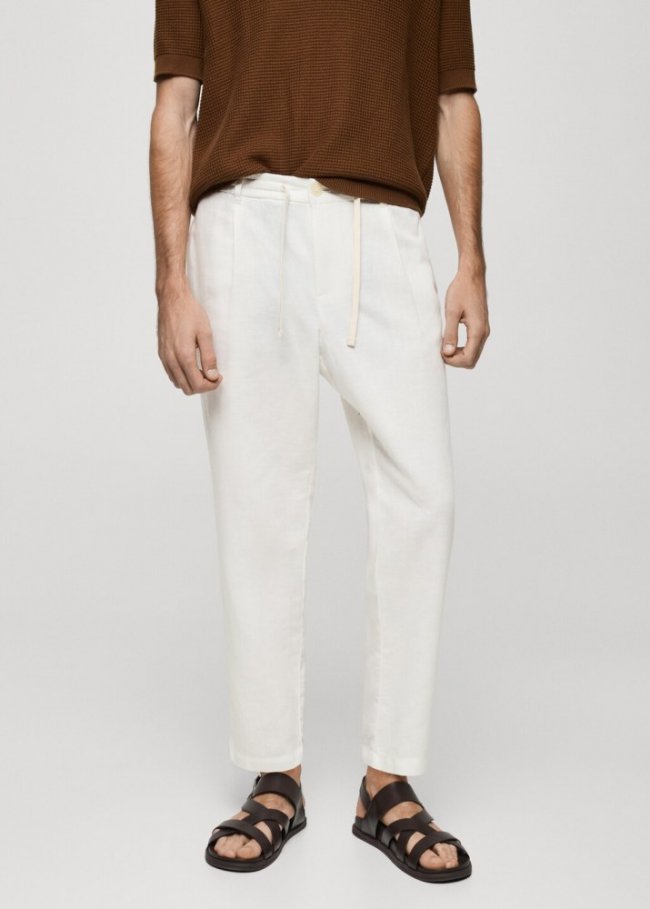Mango Pantalón slim fit lino cordón - Blanco