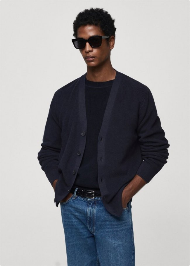 Mango Cárdigan canalé botones - Azul marino oscuro