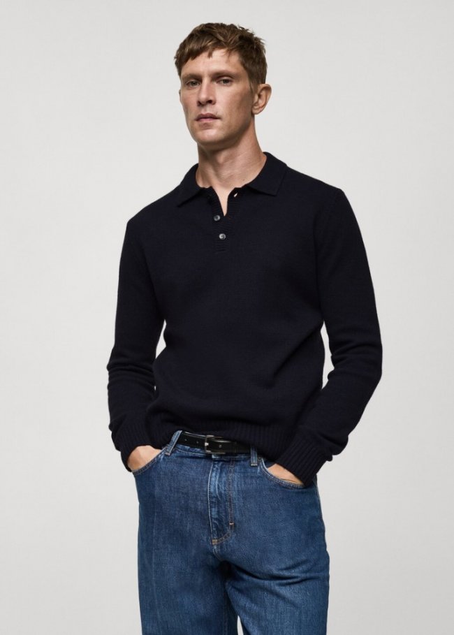 Mango Jersey lana cuello polo - Azul marino oscuro