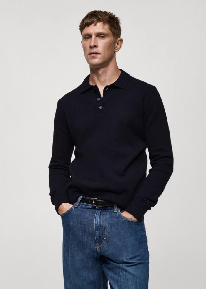 Mango Jersey lana cuello polo - Azul marino oscuro