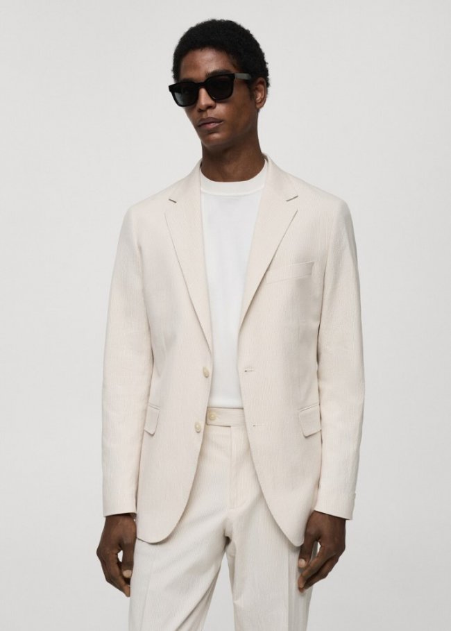 Mango Americana de traje slim fit algodón seersucker rayas - Beige