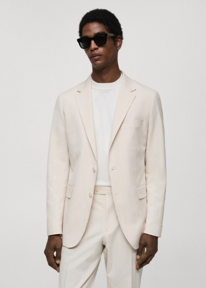 Mango Americana de traje slim fit algodón seersucker rayas - Beige