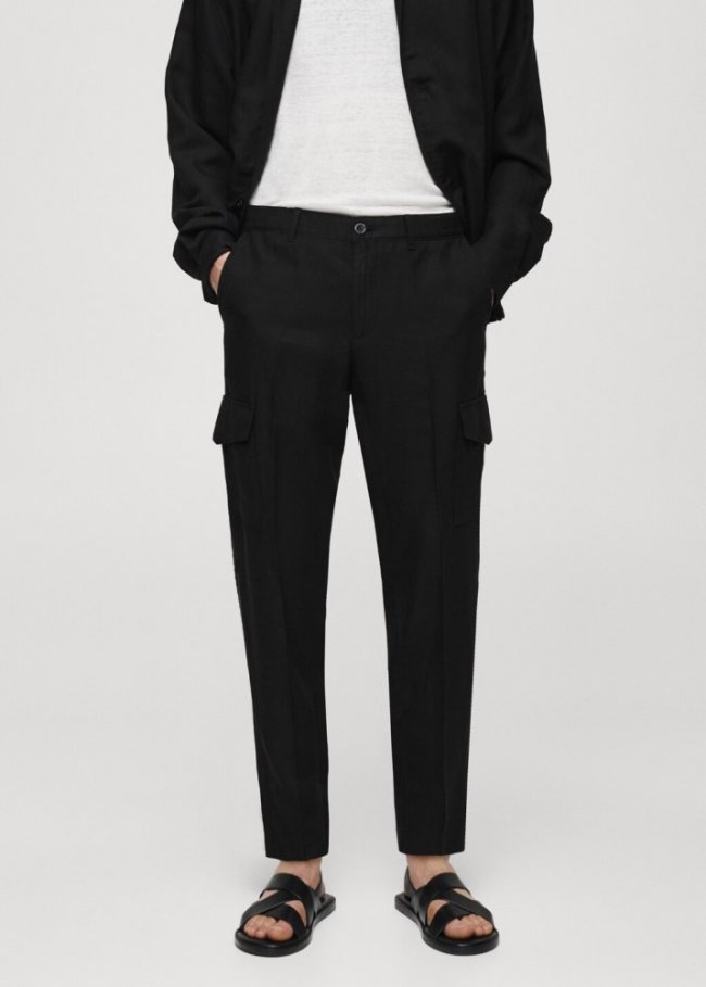 Mango Pantalón cargo mezcla lino - Negro