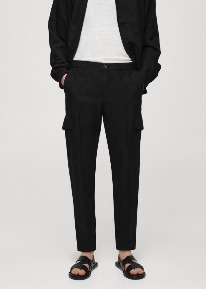 Mango Pantalón cargo mezcla lino - Negro