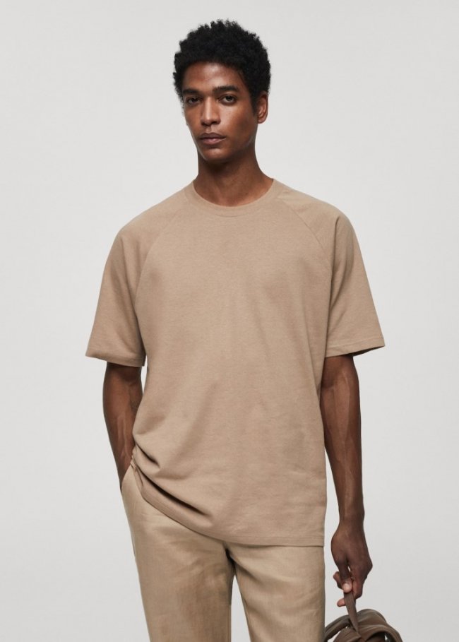 Mango Camiseta algodón relaxed fit - Beige
