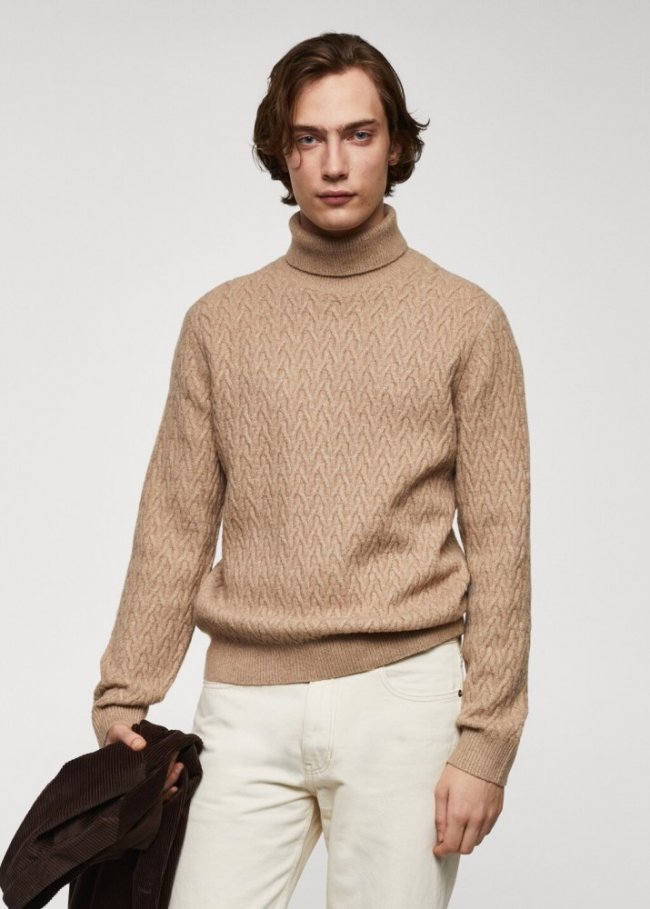 Mango Jersey cuello alto trenzado - Marrón medio