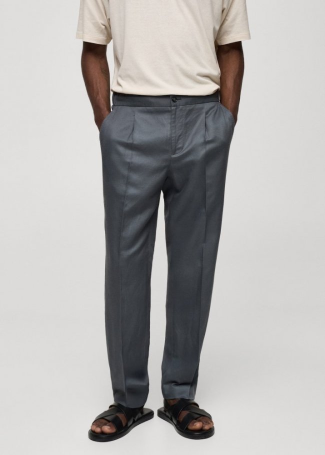 Mango Pantalón tencel lino pinzas - Azul petróleo