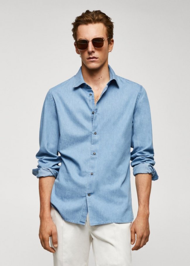 Mango Camisa slim fit chambray algodón - Azul claro