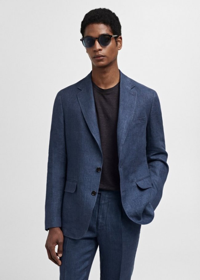 Mango Americana traje slim fit 100% lino espiga - Azul indigo
