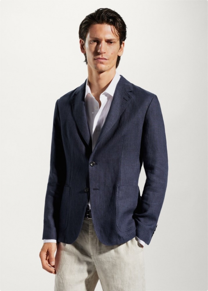 Mango Americana 100% lino micro pata de gallo - Azul marino
