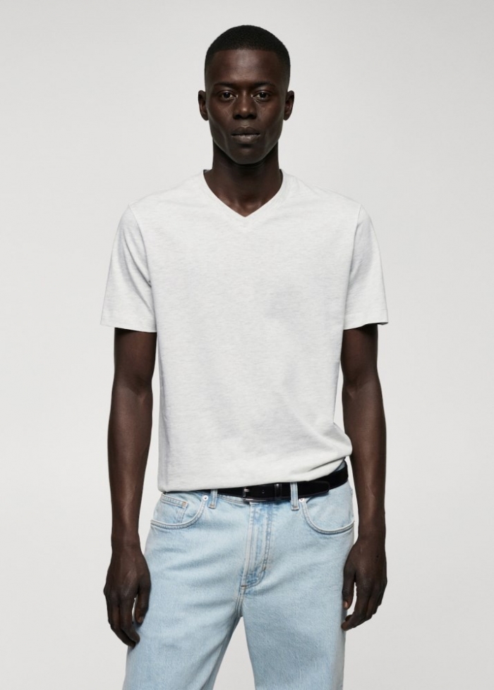 Mango Camiseta básica algodón cuello pico - Gris claro/pastel