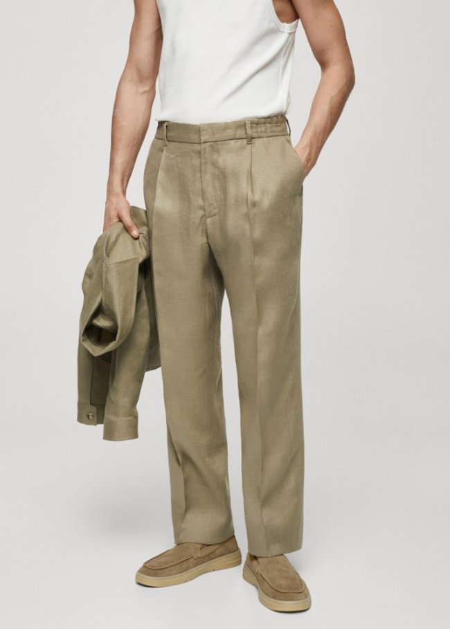 Mango Pantalón 100% lino regular fit - Khaki