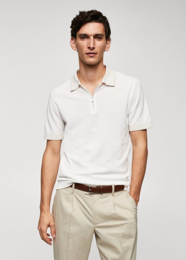 Mango Polo punto fino cremallera - Blanco roto