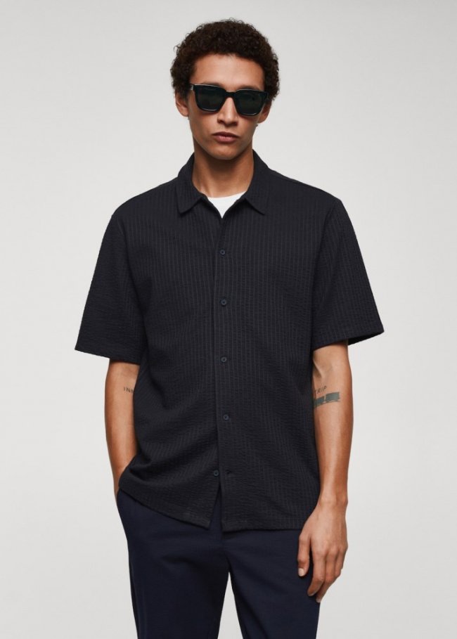 Mango Camisa algodón seersucker - Azul marino oscuro