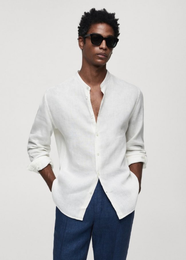 Mango Camisa 100% lino cuello mao - Blanco