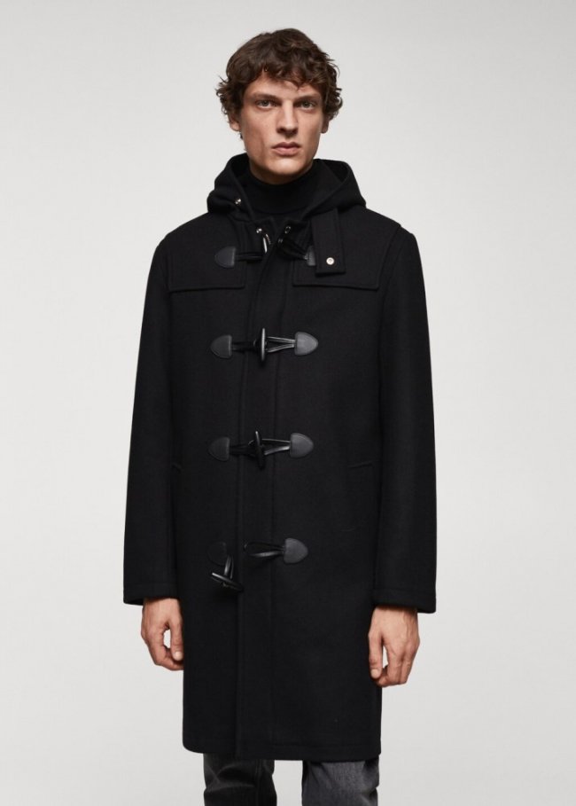 Mango Abrigo capucha lana alamares - Negro