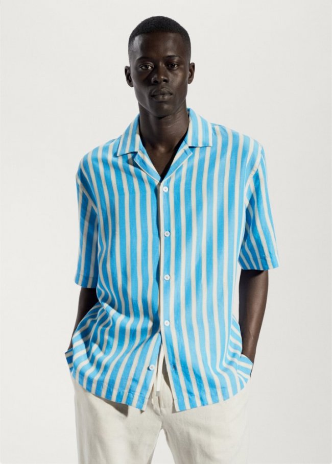 Mango Camisa algodón lino rayas - Azul