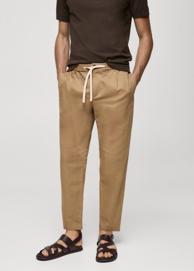 Mango Pantalón slim fit lino cordón - Marrón tabaco