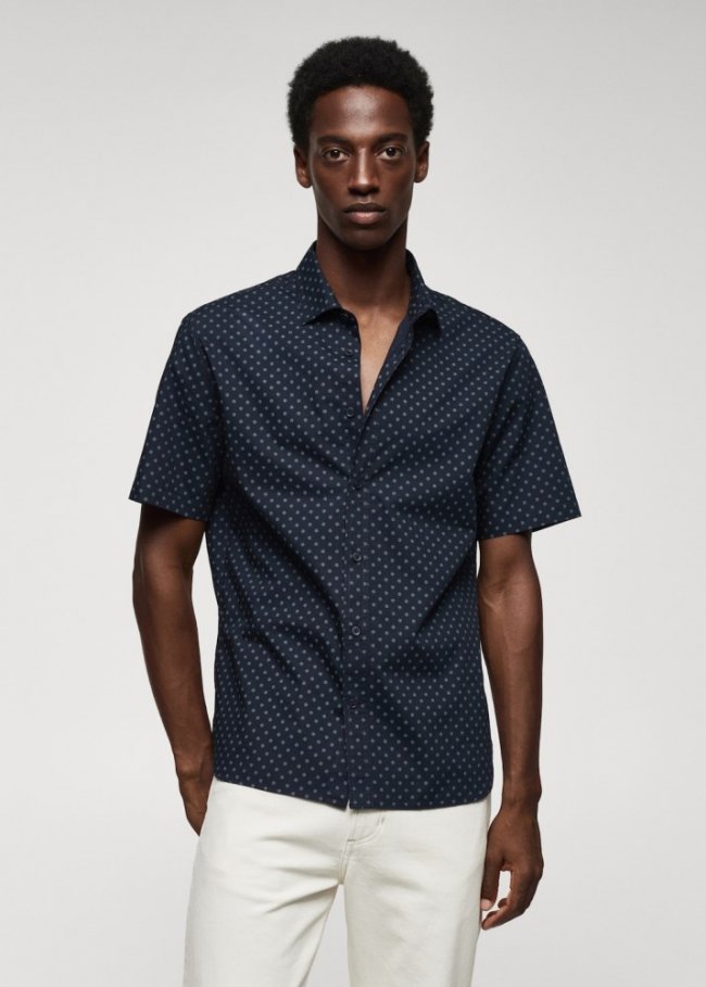 Mango Camisa 100% algodón manga corta flores - Azul marino