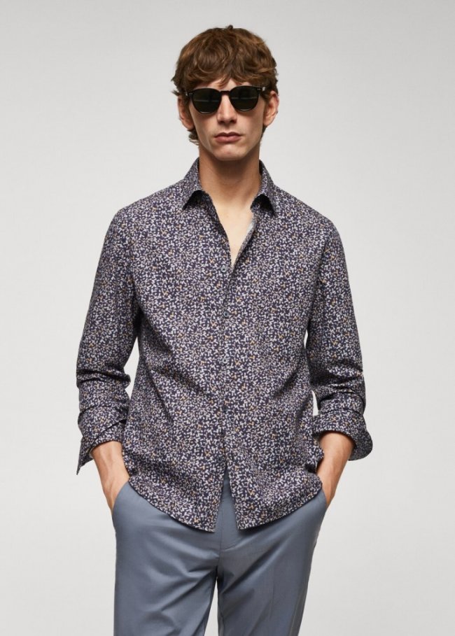 Mango Camisa 100% algodón estampado micro hojas - Azul marino