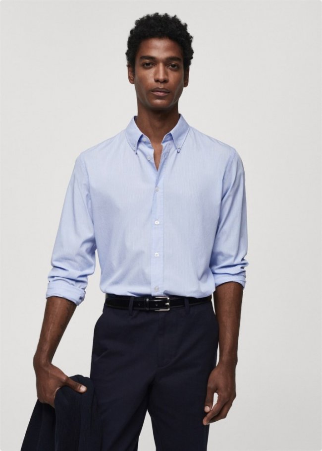 Mango Camisa regular fit algodón rayas - Azul celeste