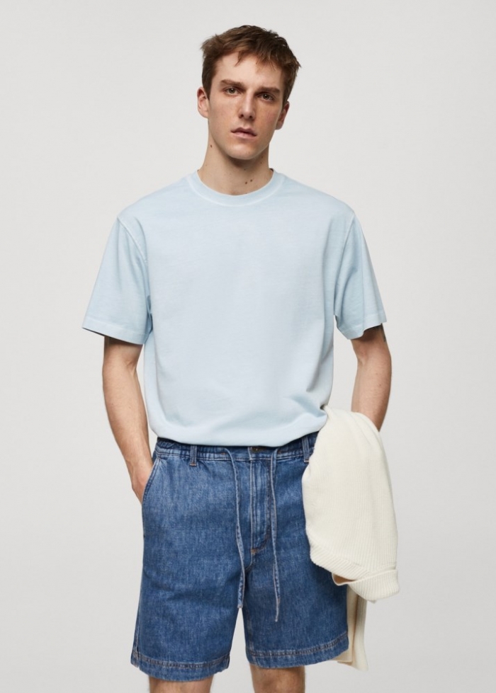 Mango Camiseta 100% algodón relaxed fit - Azul celeste